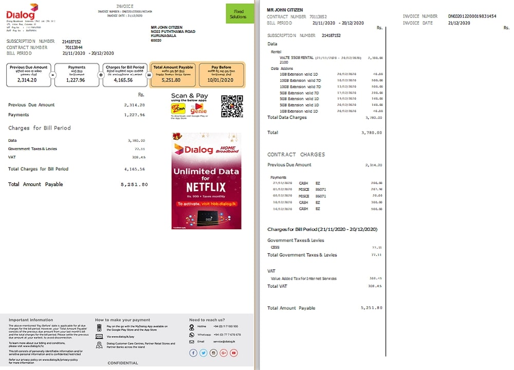 Sri Lanka Dialog utility bill template in Word and PDF format (2 pages)
